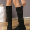 Suede Knee-High Combat Boots with Double Buckle Straps - Black