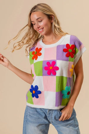 BiBi Flower Patch Checkered Sweater Vest - Farnelli