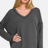 Zenana Texture Exposed Seam V-Neck Long Sleeve T-Shirt - Charcoal