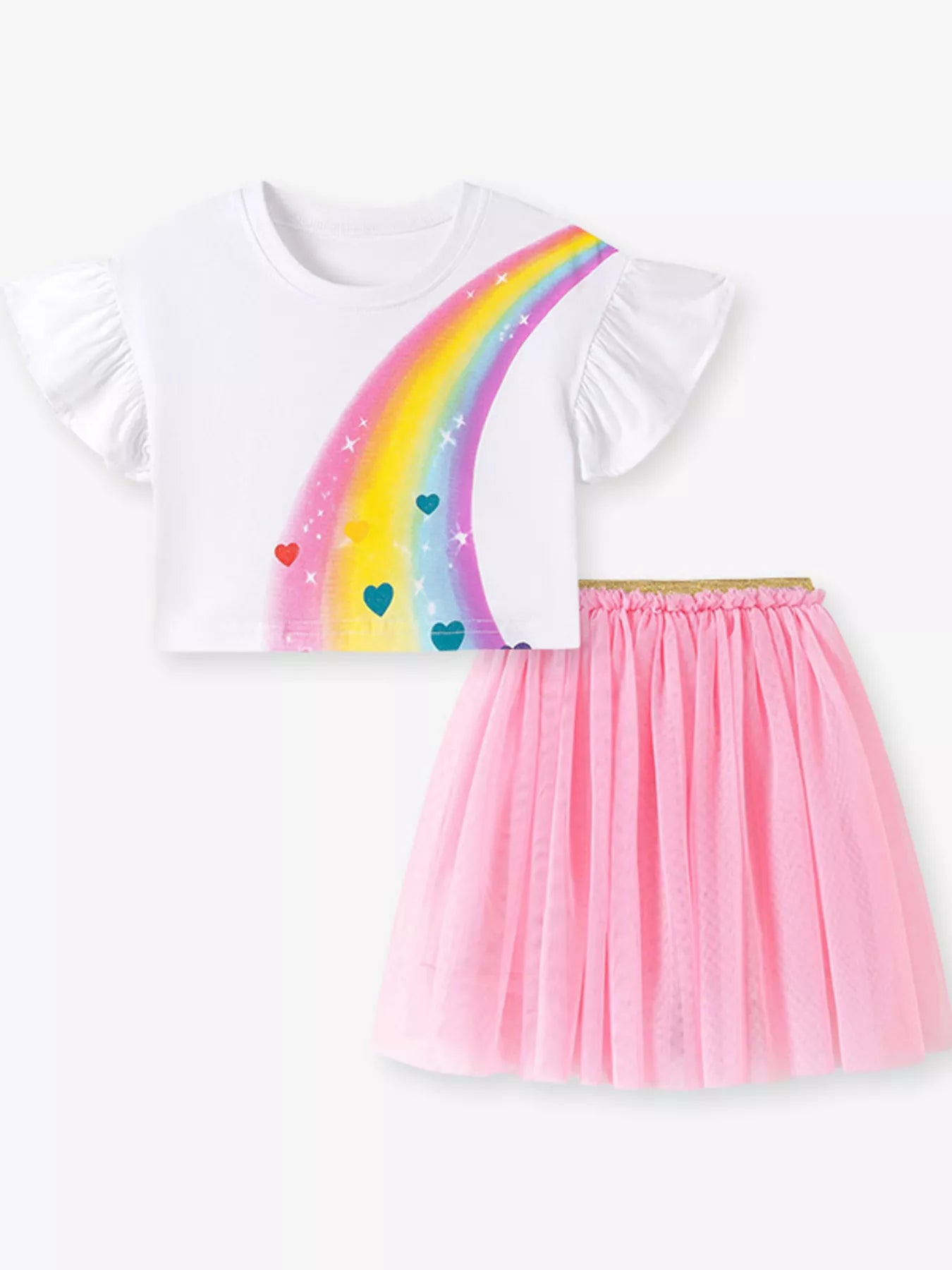 Children's Rainbow Ruffle Sleeve Top and Tulle Skirt Set - Farnelli