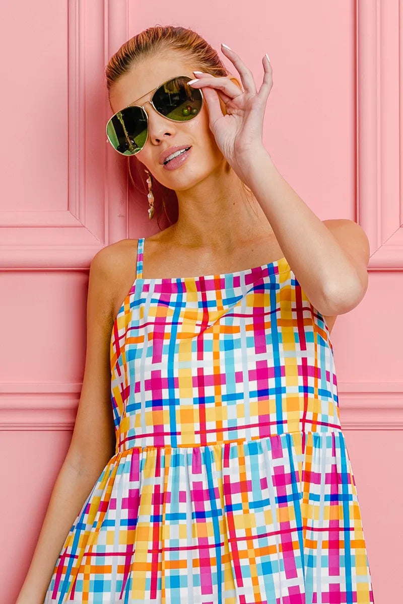 BiBi Multi Colors Plaid Sleeveless Sun Dress - Farnelli