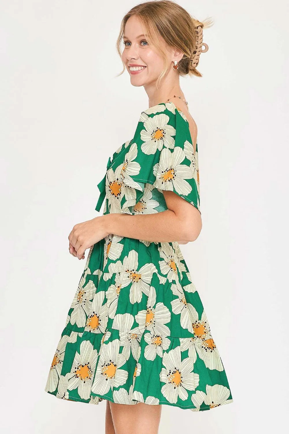 Umgee Full Size Daisy Print Mini Dress with Ribbon Details Plus Size - Farnelli