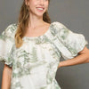 Umgee Full Size Two Tone Toile Print Top Plus Size - Gum Leaf