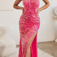 Cinderella Divine C140 Long One Shoulder Fitted Sequin Gown with Slit