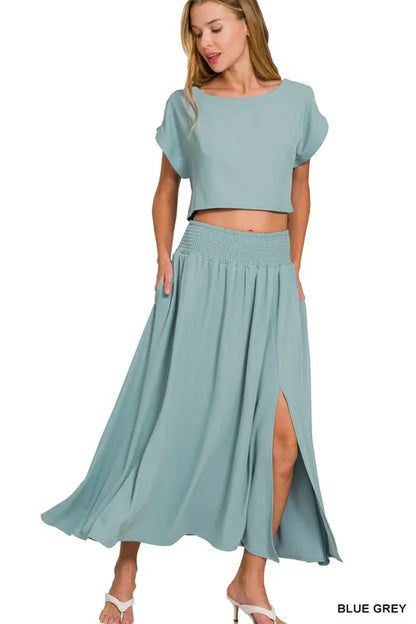 Zenana Heavy Woven Span Crop Tee & Skirt Set - Farnelli