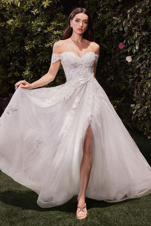 Off The Shoulder A-Line Lace & Tulle Wedding Dress - Farnelli