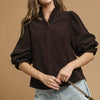 Umgee Corduroy Ruffle Shirt with Long Puff Sleeves - CHOCOLATE