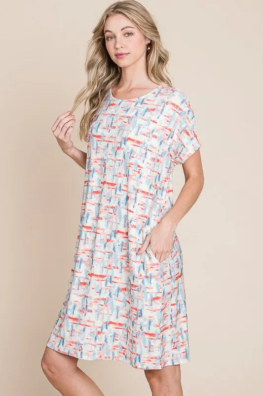 BOMBOM Printed Round Neck Short Sleeve Tee Dress - Farnelli
