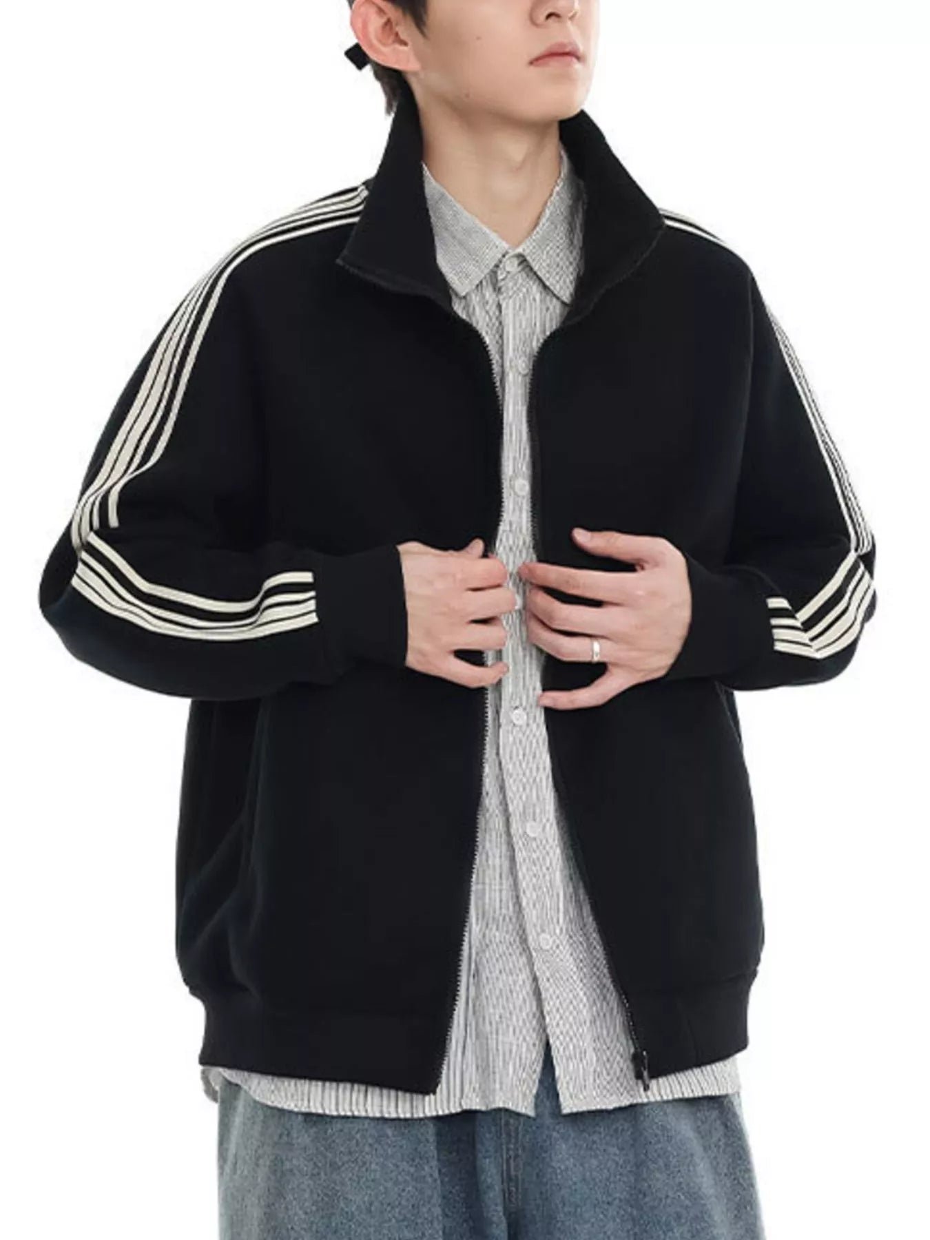 Men's Plus Size Striped Sleeve Zip-Up Sweatshirt - Farnelli