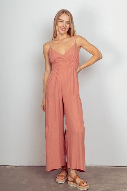 VERY J Sleeveless Ruched Wide Leg Jumpsuit - Farnelli