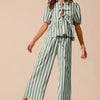 SO ME Front Tie Stripe Puff Sleeves Top and Wide Leg Pants Set - SAGE
