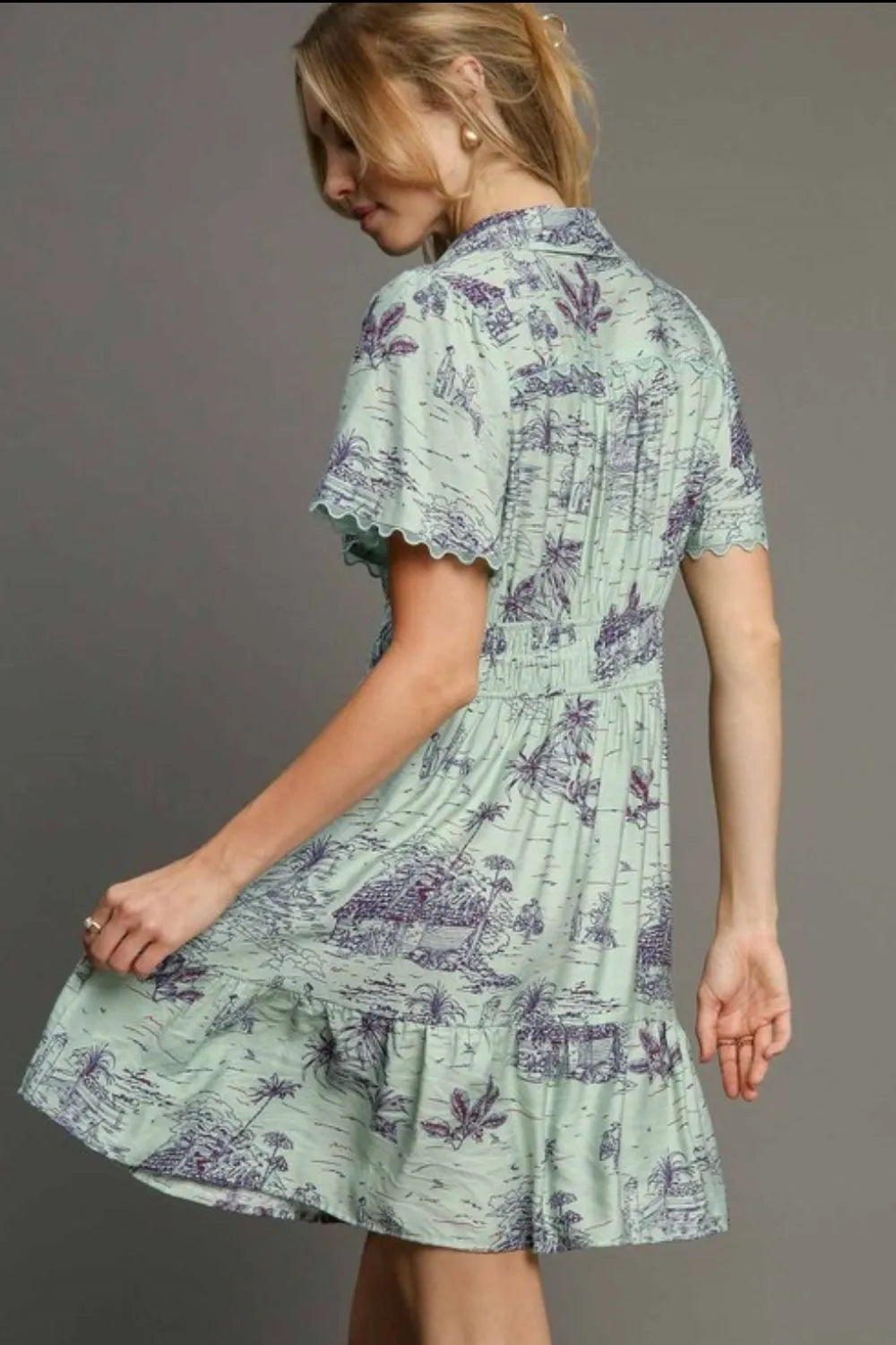 Umgee Full Size Landscape Print Collared Mini Dress Plus Size - Farnelli