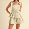 MABLE Jacquard Floral Peplum Top and Flare Shorts Set - Sage/Blush
