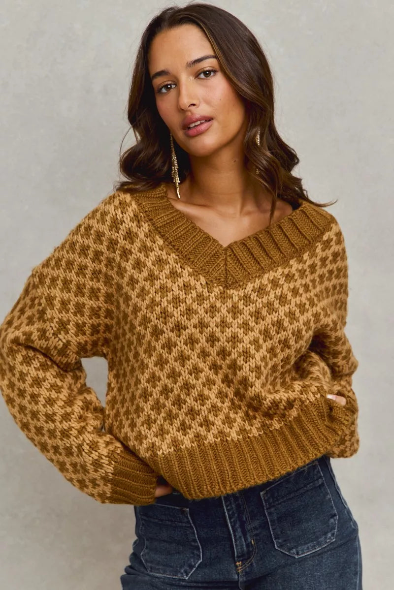 SO ME Color Block Textured Christmas Sweater V Neck Top - Farnelli