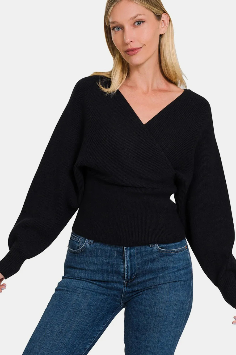 Zenana Cross Wrap Rib Long Sleeve Sweater - Farnelli