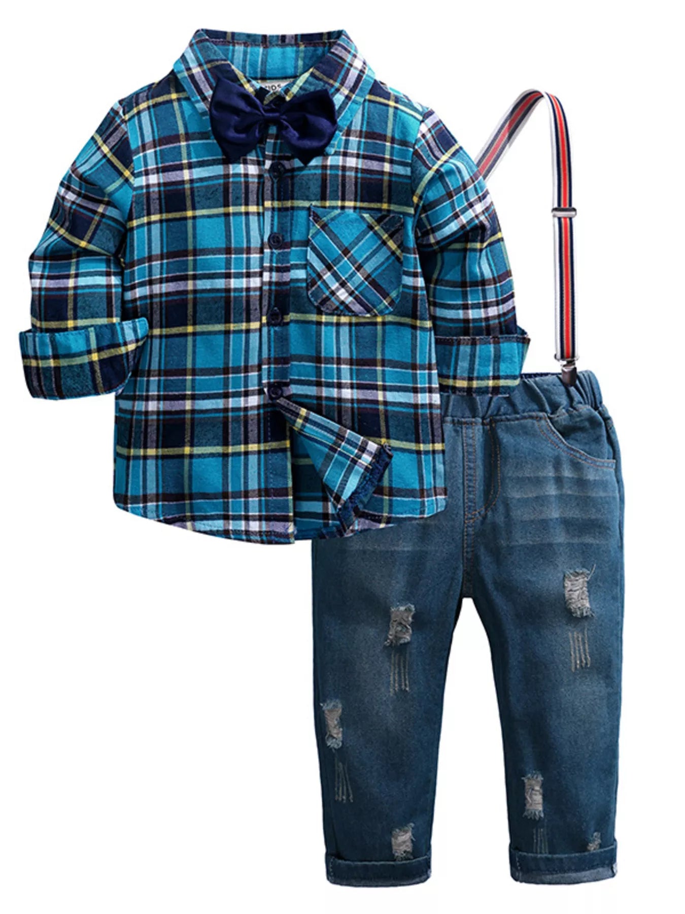 Children's Plaid Shirt & Distressed Jeans with Suspenders Set - Farnelli