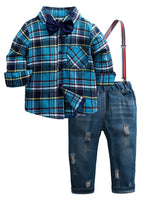 Children's Plaid Shirt & Distressed Jeans with Suspenders Set - Farnelli