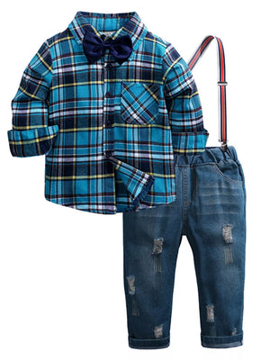 Children's Plaid Shirt & Distressed Jeans with Suspenders Set - Farnelli