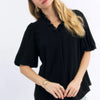 Umgee Linen Scallop Trim V-Neck Blouse - Black
