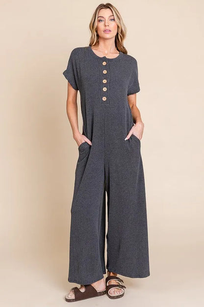 BOMBOM Rib Knit Jumpsuit with Button Detail - Farnelli