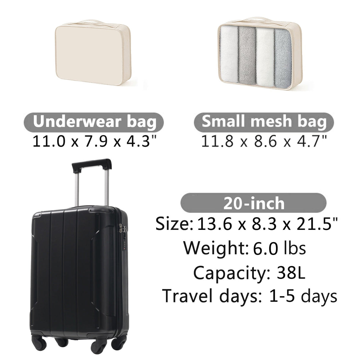 HouseOfZazla 20-inch black hardshell carry-on luggage with TSA lock