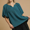Umgee Textured Flutter Sleeve Notch Neck Top - TEAL