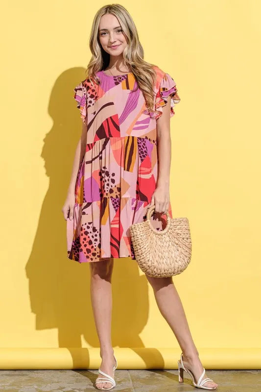 And The Why Printed Double Ruffles Sleeve Dress - Farnelli
