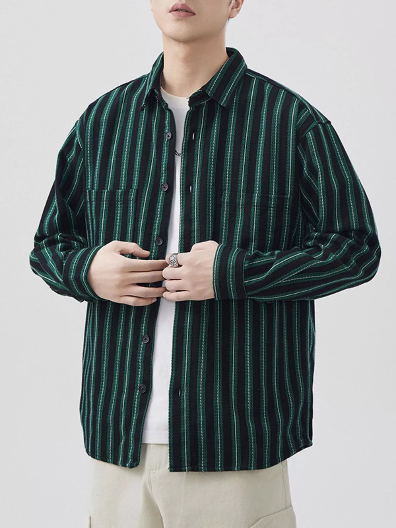 Men's Plus Size Striped Button Up Long Sleeve Shirt - Farnelli