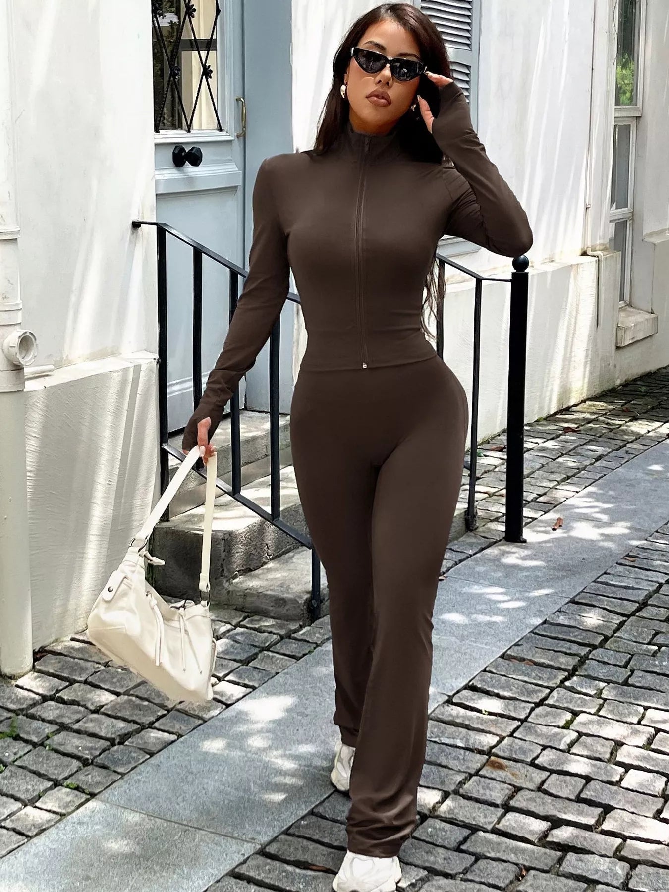 Zip Up Long Sleeve Outerwear and Pants Active Set - Farnelli