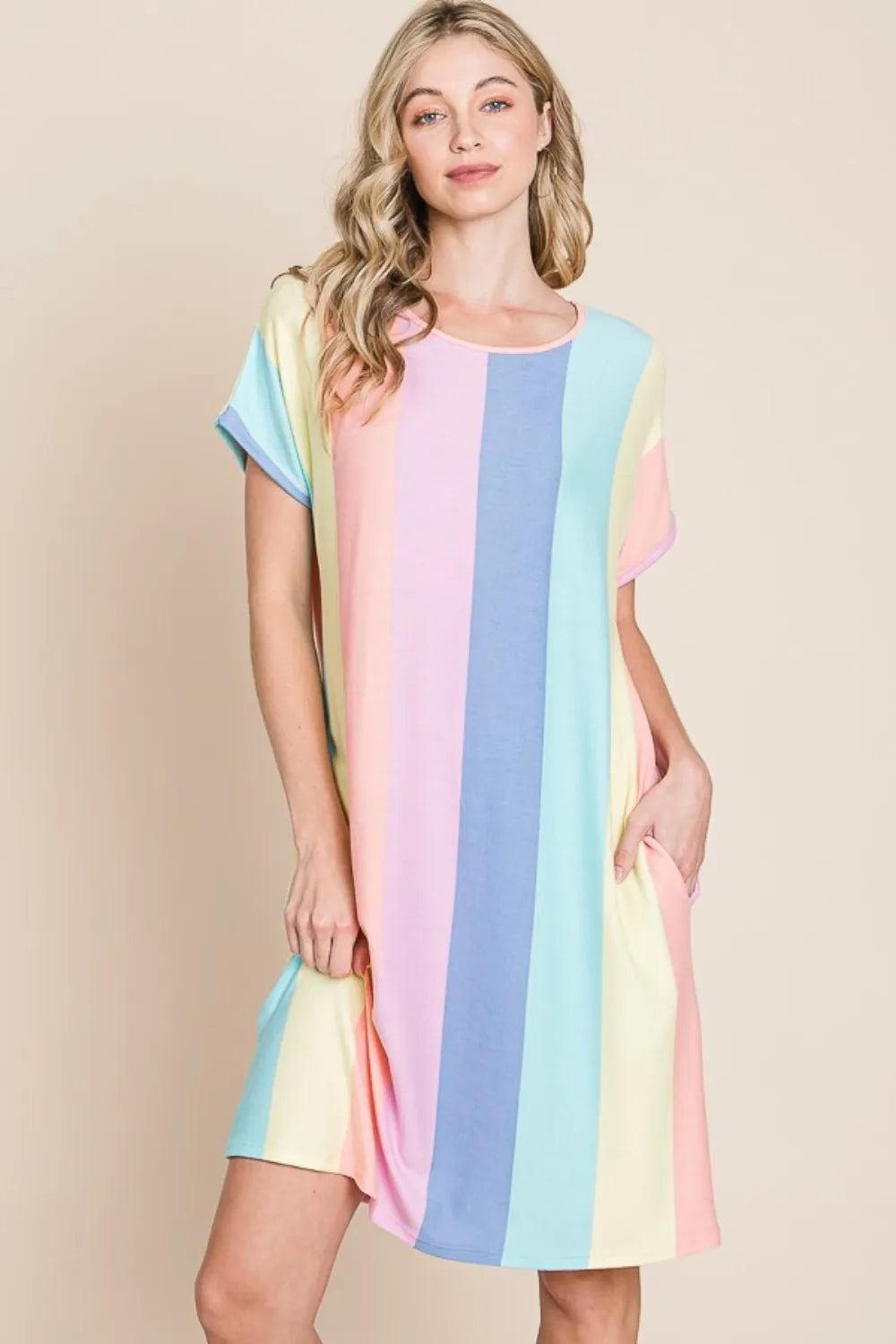 BOMBOM Striped Short Sleeve Dress with Pockets - Farnelli