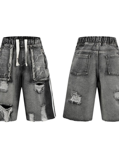 Men's Distressed Cargo Denim Shorts with Drawstring Waist - Farnelli
