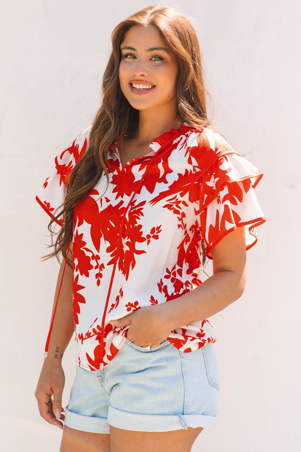 Zoya Tiered Ruffled Sleeve V Neck Blouse - Farnelli