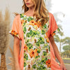 BiBi Floral W Stripe Color Block Dolman Sleeves Top - NEON ORANGE COMBO