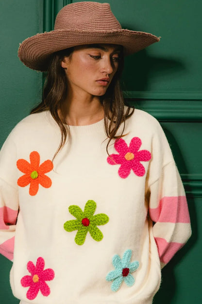 BiBi Colorful Floral Patched Sweater with Striped Sleeve - Farnelli