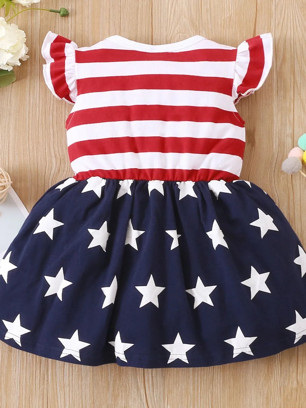 Striped & Stars Ruffled Round Neck Cap Sleeve Dress - Farnelli