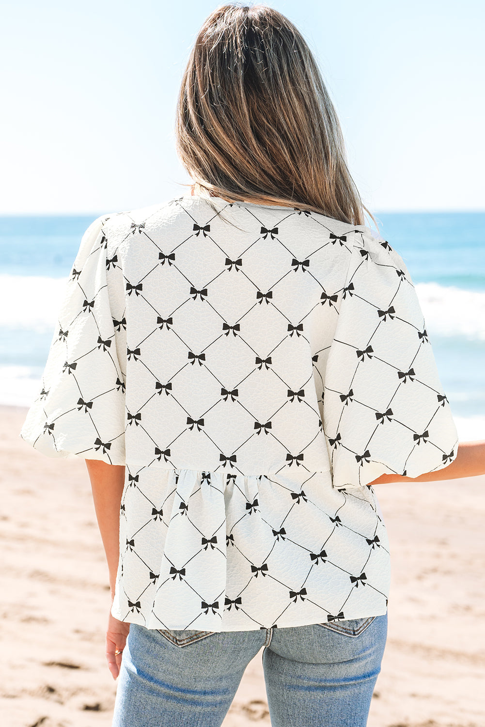 Ezra Bowknot Print Front Knots Bubble Sleeve Blouse - Farnelli