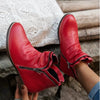 Round Toe Block Heels Boots - Red