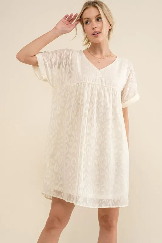 And The Why Woven Leopard Baby Doll Roll-Sleeve Casual Dress - Farnelli