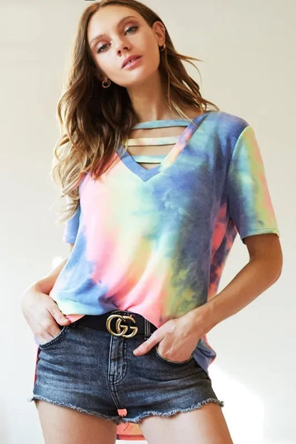 BiBi Tie-Dye V-Neck Short Sleeve T-Shirt - Farnelli