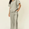 Double Take Full Size Texture Half Zip Short Sleeve Top and Pants Set - Dust Storm
