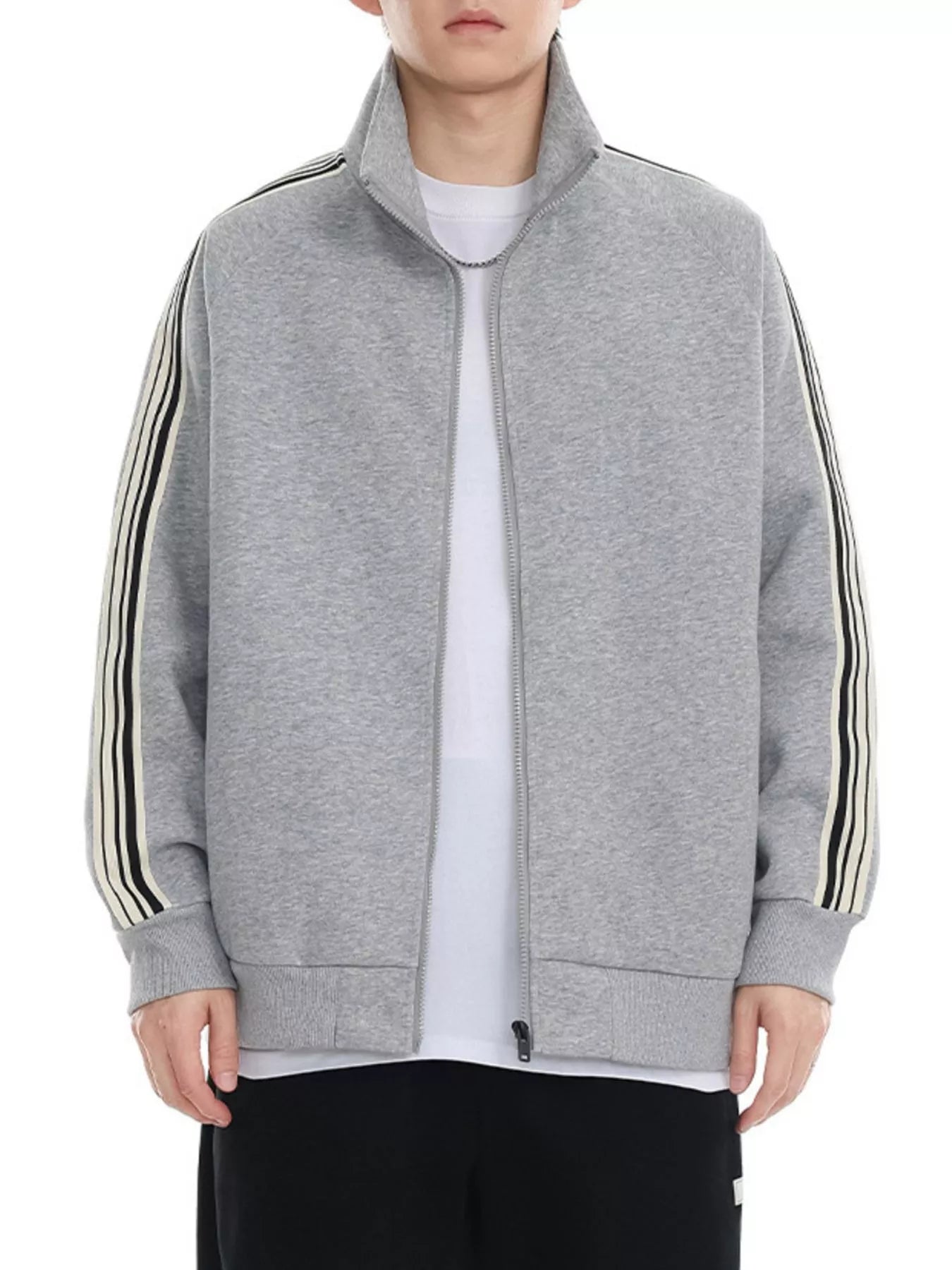 Men's Plus Size Striped Sleeve Zip-Up Sweatshirt - Farnelli