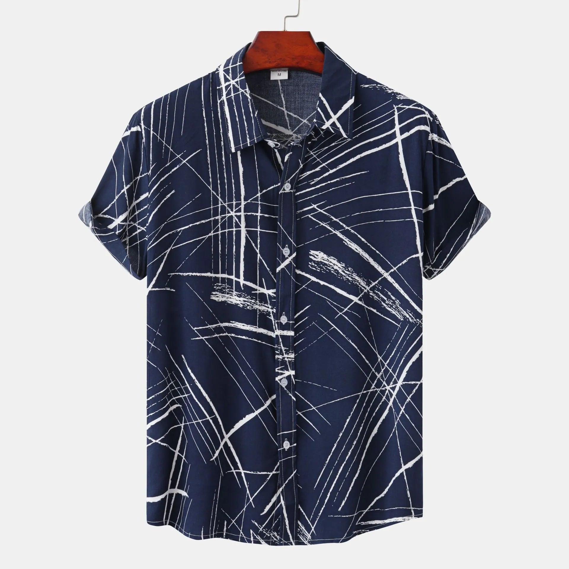 Men's Plus Size Abstract Lines Print Short Sleeve Button-Up Shirt - Farnelli