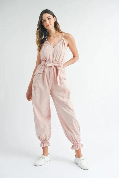 MABLE Washed Fabric Spaghetti Strap Waist Belted Jumpsuit - Farnelli