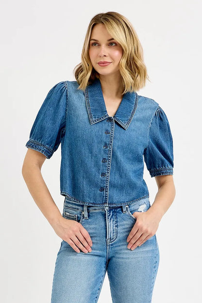 RISEN Button Down Puff Sleeve Crop Denim Shirt - Farnelli