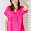 Zenana Full Size Raw Hem Short Sleeve Top - Hot Pink