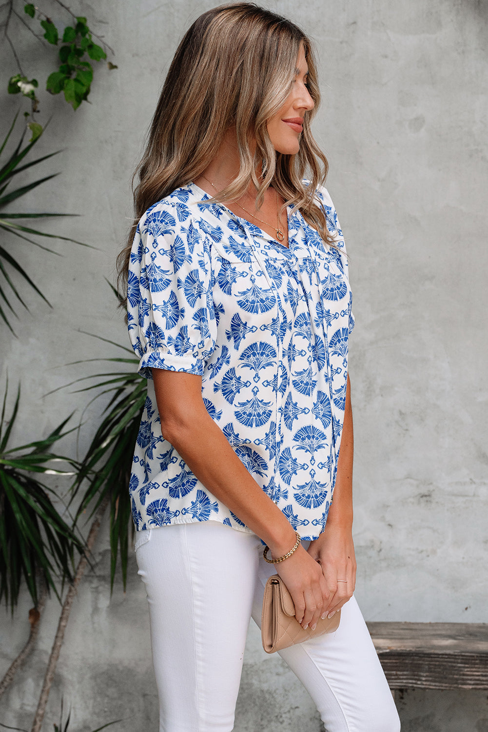 Grace Geometric Tassel Drawstring V Neck Blouse - Farnelli