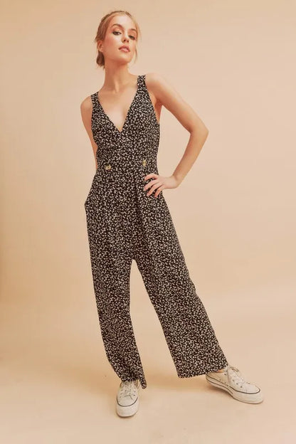 Aemi + Co Ditsy Floral Surplice Sleeveless Wide Leg Jumpsuit - Farnelli