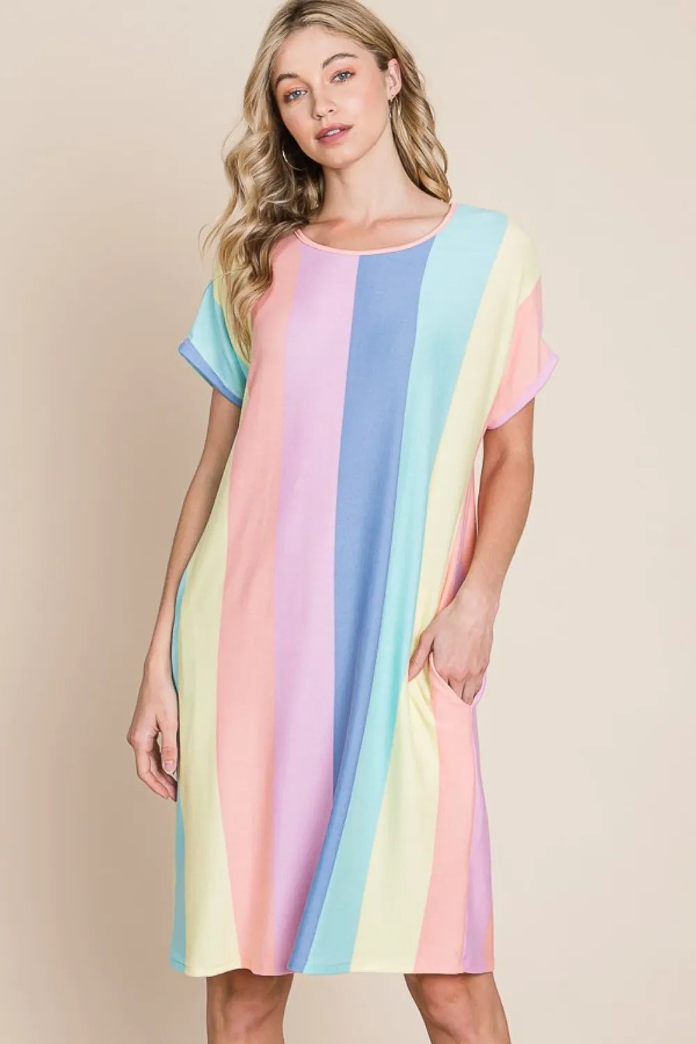 BOMBOM Striped Short Sleeve Dress with Pockets - Farnelli