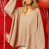 BiBi V-Neck Waffle Uneven Hem Top - CAMEL