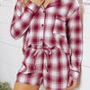 Plaid Long Sleeve Shirt and Drawstring Shorts Lounge Set - Cerise